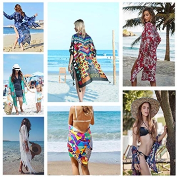 Women Floral Kimono Swimsuit Cover Up Cardigan - Long Chiffon Print Swimwear Beach Bathing Bikini Coverup Boho Batwing Loose Tops Outwear Kimono Dress Plus Size Loose Sleeve Shawl