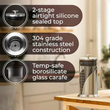 Cafe Du Chateau Cold Brew Coffee Maker - 34oz Airtight Iced Coffee & Tea Pitcher with Measuring Label, Stainless Steel Filter, Ideal for Fridge Storage