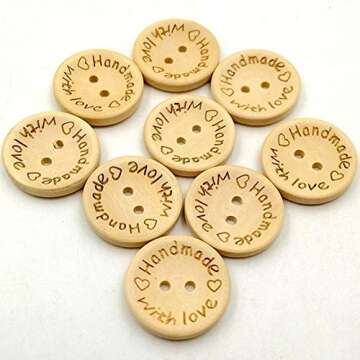 100 Pcs Wooden Buttons Handmade with Love Round Sewing Button 2 Holes Crafts Decor Button DIY Craft Supplies (25MM)
