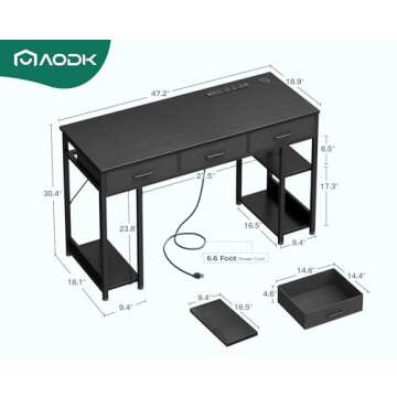 AODK 48 Inch Gaming Desk with USB Ports & Fabric Drawers