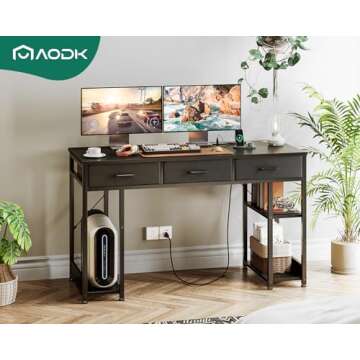 AODK 48 Inch Gaming Desk with USB Ports & Fabric Drawers