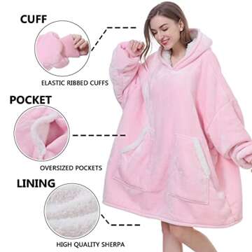 Kipswiza Oversized Wearable Blanket Sherpa Fleece Thick Warm Hoodie Blanket Giant Hooded Sweatshirt Blanket for Women Wife Mom Daughter Girls Gift - Pink