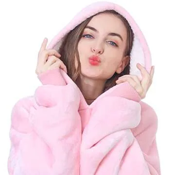 Kipswiza Oversized Wearable Blanket Sherpa Fleece Thick Warm Hoodie Blanket Giant Hooded Sweatshirt Blanket for Women Wife Mom Daughter Girls Gift - Pink