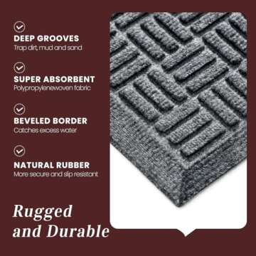 Mibao Front Door Mat Indoor Outdoor Entrance, Dirt Trapping Waterproof All-Season, All-Weather Doormat, Non-Slip Durable Natural Rubber Low Profile Easy Clean Patio Entrance Mat, 29.5" x 17", Grey