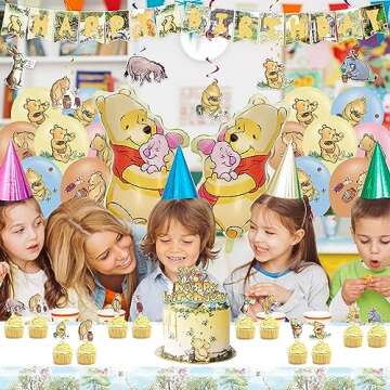 Cute Winnie Birthday Decorations, Classic Winnie Baby Shower Decorations, Vintage Cartoon Bear Birthday Party Supplies, Include Banner, Balloons, Tablecloth, Cake Topper, Cupcake Toppers, Hanging