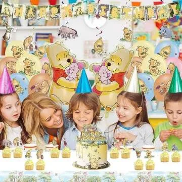 Cute Winnie Birthday Decorations, Classic Winnie Baby Shower Decorations, Vintage Cartoon Bear Birthday Party Supplies, Include Banner, Balloons, Tablecloth, Cake Topper, Cupcake Toppers, Hanging