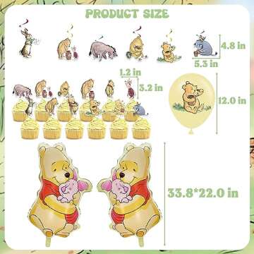 Cute Winnie Birthday Decorations, Classic Winnie Baby Shower Decorations, Vintage Cartoon Bear Birthday Party Supplies, Include Banner, Balloons, Tablecloth, Cake Topper, Cupcake Toppers, Hanging