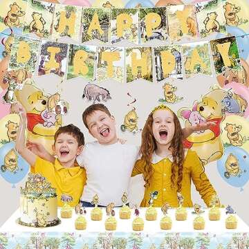 Cute Winnie Birthday Decorations, Classic Winnie Baby Shower Decorations, Vintage Cartoon Bear Birthday Party Supplies, Include Banner, Balloons, Tablecloth, Cake Topper, Cupcake Toppers, Hanging