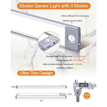 PRIORARE Led Under Cabinet Lighting Motion Sensor Wireless Rechargeable Cabinet Lights, Ultra Thin 30Led Battery Operated Closet Light for Kitchen, Closet (Pure White, 2Pack)