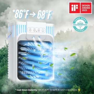 Portable Air Conditioners, 3 Speeds, 3 Mist Settings, 40oz XL Water Tank, 2~8h Timer & 7-color Ambie...