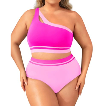 Stylish Plus Size Aqua Eve Women's High Waisted Bikini One Shoulder Two Piece Swimwear