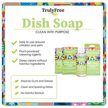 Truly Free Natural Concentrated Dish Detergent Dishwashing Liquid | Plant-Based Dish Soap | Sweet Basil Fresh Scent | 2 Refill Packs with 1 Empty Refillable Squeeze Bottle (16 Oz)