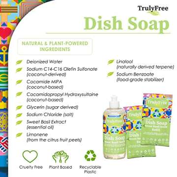 Truly Free Natural Concentrated Dish Detergent Dishwashing Liquid | Plant-Based Dish Soap | Sweet Basil Fresh Scent | 2 Refill Packs with 1 Empty Refillable Squeeze Bottle (16 Oz)