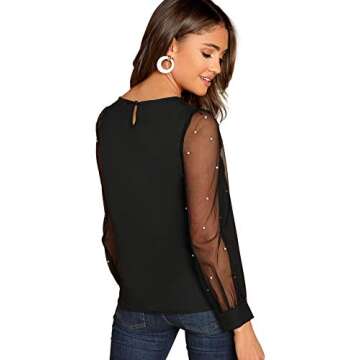 Floerns Women's Pearl Mesh Sheer Long Sleeve Blouse Shirts Tops Black S