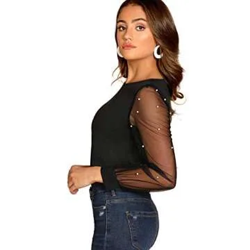 Floerns Women's Pearl Mesh Sheer Long Sleeve Blouse Shirts Tops Black S