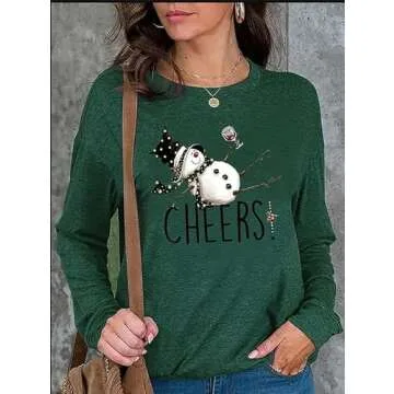 Tipsy Snowman Wine Cheers T-Shirt for Women Christmas Funny Letter Print Long Sleeve Graphic Shirt T...