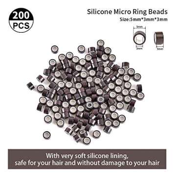 Hair Extension Tools Kit – Plier - Pulling Hook - Bead Device Tool Kits with 200 Pieces 5mm Silicone Lined Micro Rings (200Pcs, Dark Brown Beads)