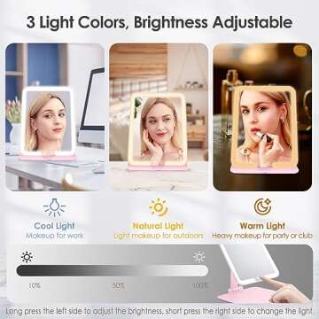 ESWU Travel Makeup Mirror with Light, Portable Folding Make Up Tabletop Mirror with 58 LEDs 3 Colors Light Modes Rechargable Compact Vanity Mirror with Adjustable Stand (Pink)