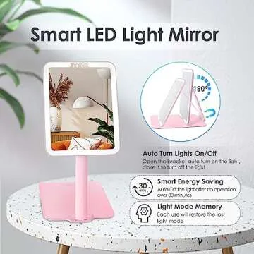 ESWU Travel Makeup Mirror with Light, Portable Folding Make Up Tabletop Mirror with 58 LEDs 3 Colors Light Modes Rechargable Compact Vanity Mirror with Adjustable Stand (Pink)