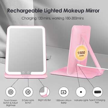 ESWU Travel Makeup Mirror with Light, Portable Folding Make Up Tabletop Mirror with 58 LEDs 3 Colors Light Modes Rechargable Compact Vanity Mirror with Adjustable Stand (Pink)