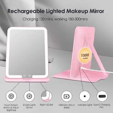 ESWU Travel Makeup Mirror with Light, Portable Folding Make Up Tabletop Mirror with 58 LEDs 3 Colors Light Modes Rechargable Compact Vanity Mirror with Adjustable Stand (Pink)
