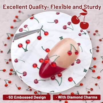 PrettyDiva Cherry Nail Stickers Trendy Nail Stickers 5D Rhinestones Nail Art Cherry Art Nail Sticker Decals Fruit Self-Adhesive Nail Decals Cherry French Tip Nails Nail Stickers DIY Nail Manicure
