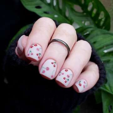 PrettyDiva Cherry Nail Stickers Trendy Nail Stickers 5D Rhinestones Nail Art Cherry Art Nail Sticker Decals Fruit Self-Adhesive Nail Decals Cherry French Tip Nails Nail Stickers DIY Nail Manicure