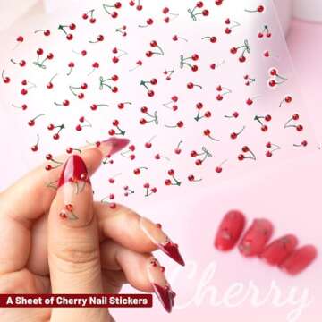 PrettyDiva Cherry Nail Stickers Trendy Nail Stickers 5D Rhinestones Nail Art Cherry Art Nail Sticker Decals Fruit Self-Adhesive Nail Decals Cherry French Tip Nails Nail Stickers DIY Nail Manicure