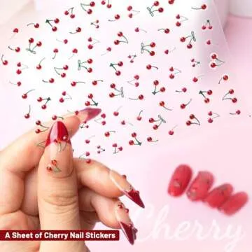 PrettyDiva Cherry Nail Stickers Trendy Nail Stickers 5D Rhinestones Nail Art Cherry Art Nail Sticker Decals Fruit Self-Adhesive Nail Decals Cherry French Tip Nails Nail Stickers DIY Nail Manicure