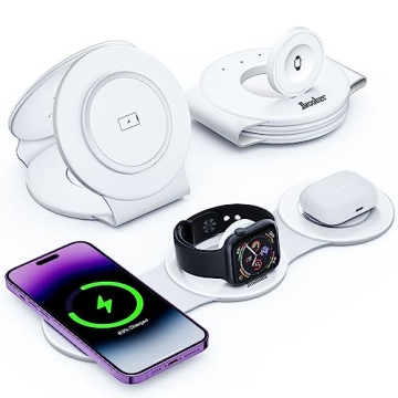 Hicober 3 in 1 Wireless Charging Station for iPhone 15, Magnetic Foldable Travel Charger Station Sta...