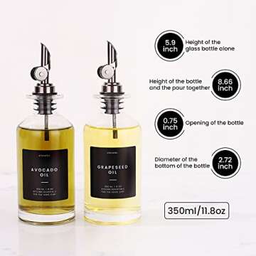 Molimoli Oil and Vinegar Dispenser with Metal Pour Spout, Weighted Pourer, Glass Bottle Dispenser for Kitchen, Olive Oil Cruet, Glass Olive Oil Bottle |350ml, Set of 2