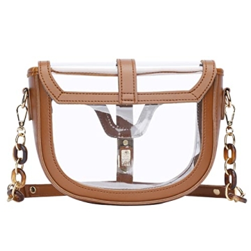 KKXIU Clear Crossbody Bag for Women Stadium Approved Vegan Leather Concert Shoulder Sports See-Through Purse (Brown)