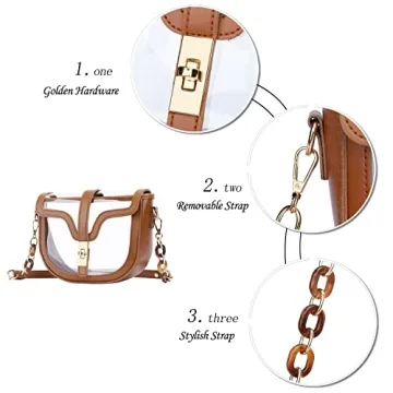 KKXIU Clear Crossbody Bag for Women Stadium Approved Vegan Leather Concert Shoulder Sports See-Through Purse (Brown)