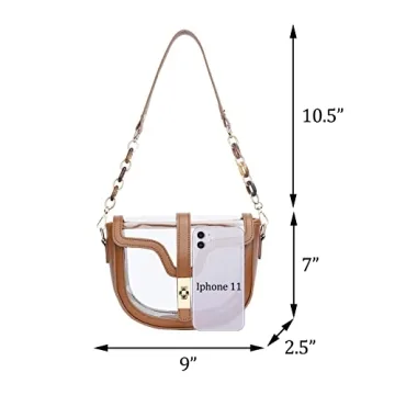KKXIU Clear Crossbody Bag for Women Stadium Approved Vegan Leather Concert Shoulder Sports See-Through Purse (Brown)