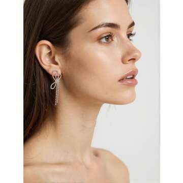Sterling Silver Rhinestone Dangle Earrings for Women, Hypoallergenic Long Tassel Drop Bridal Jewelry, Sparkly Linear Wedding Earrings Elegant Gift for Her (Silver Bow Earrings)