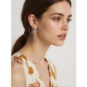 Sterling Silver Rhinestone Dangle Earrings for Women, Hypoallergenic Long Tassel Drop Bridal Jewelry, Sparkly Linear Wedding Earrings Elegant Gift for Her (Silver Bow Earrings)