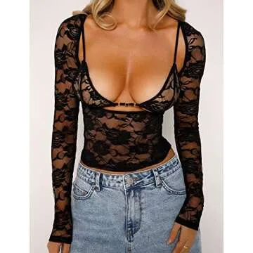 Women Y2k Lace Long Sleeve Top See Through Mesh Crop Top Floral Slim Fit Layering Top Tee Shirts Blouse Streetwear (C-Lace Corset Black, S)