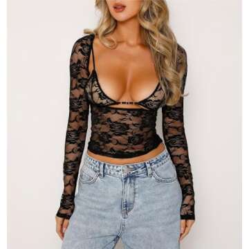 Women Y2k Lace Long Sleeve Top See Through Mesh Crop Top Floral Slim Fit Layering Top Tee Shirts Blouse Streetwear (C-Lace Corset Black, S)