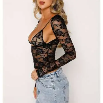 Women Y2k Lace Long Sleeve Top See Through Mesh Crop Top Floral Slim Fit Layering Top Tee Shirts Blouse Streetwear (C-Lace Corset Black, S)