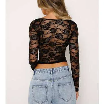 Women Y2k Lace Long Sleeve Top See Through Mesh Crop Top Floral Slim Fit Layering Top Tee Shirts Blouse Streetwear (C-Lace Corset Black, S)