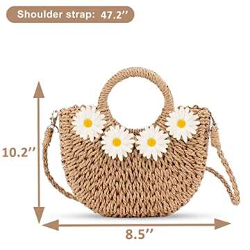 QTKJ Beach Bag for Women, Mini Straw Bag Handmade Crossbody Bag, Daisy Embellished Handbag, Boho Ret...