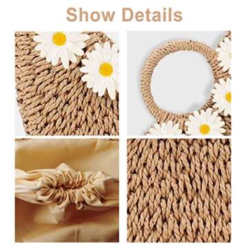 QTKJ Beach Bag for Women, Mini Straw Bag Handmade Crossbody Bag, Daisy Embellished Handbag, Boho Retro Straw Tote Bag, Woven Bag Suitable for Vacation Travel Work (4 Flowers Khaki)