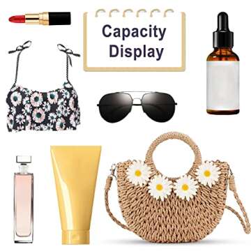 QTKJ Beach Bag for Women, Mini Straw Bag Handmade Crossbody Bag, Daisy Embellished Handbag, Boho Retro Straw Tote Bag, Woven Bag Suitable for Vacation Travel Work (4 Flowers Khaki)