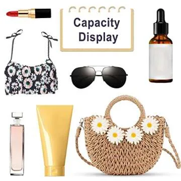 QTKJ Beach Bag for Women, Mini Straw Bag Handmade Crossbody Bag, Daisy Embellished Handbag, Boho Retro Straw Tote Bag, Woven Bag Suitable for Vacation Travel Work (4 Flowers Khaki)