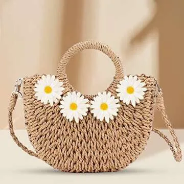 QTKJ Beach Bag for Women, Mini Straw Bag Handmade Crossbody Bag, Daisy Embellished Handbag, Boho Retro Straw Tote Bag, Woven Bag Suitable for Vacation Travel Work (4 Flowers Khaki)