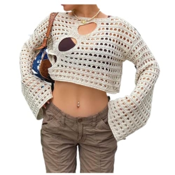 Women Hollow Out Crochet Knit Crop Tops Color Block Long Sleeve Square Neck Fall Sweaters Tops E-Bei...