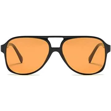 Trendy Retro Vintage Yellow 70s Orange Tinted Aviator Sunglasses for Women Oversized Lentes de Sol Black Square Shades Big Cool Night Vision Men Cute 90s Fashion Ladies 80s Large Flat Top Shady Rays
