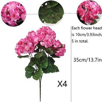 CISDUEO 4 Pcs Artificial Geraniums Silk Flowers Outdoor Artificial Geranium Bush Pink Faux Flowers G...