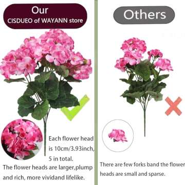 CISDUEO 4 Pcs Artificial Geraniums Silk Flowers Outdoor Artificial Geranium Bush Pink Faux Flowers Geraniums for Floral Home Decor Outdoor Indoor Garden Patio Grave Cemetary Vase Table Centerpiece