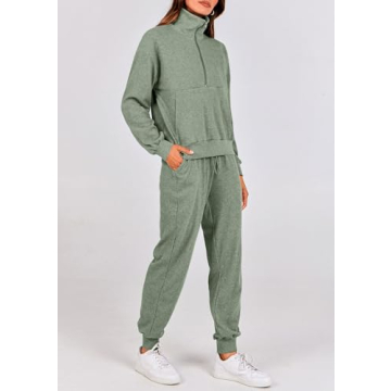 PRETTYGARDEN Womens 2 Piece Sweatsuits Set Long Sleeve Half Zip Pullover Sweatshirt Joggers Sweatpants Spring Outfits Tracksuit (Light Green,Large)